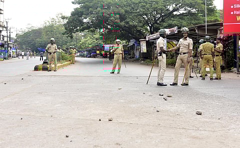 Tight police security near Rao and Rao circle in Mangaluru following curfew . (Photo | Rajesh Shetty, EPS)