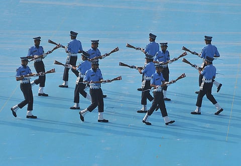 Graduating cadets display their rifle-handling skills at the Graduation Parade at Air Force Academy(AFA) on Saturday in Dundigal | S Senbagapandiyan
