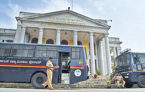 Policemen keep vigil at Town Hall in Bengaluru in the wake of the many CAA protests held there, on Saturday | Shriram BN