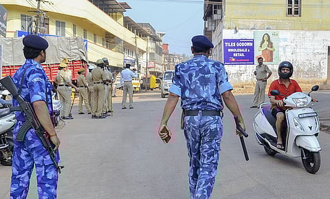 RAF personnel and local police at a street after anti-CAA protests turned violent in several areas in Mangaluru (Photo| PTI)