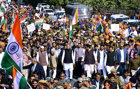 Chief Minister of Rajasthan Ashok Gehlot during a protest rally against the Citizenship Amendment Act 2019 and NRC, in Jaipur on Sunday. (Photo | ANI)