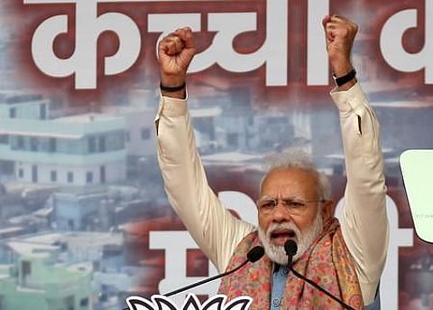 Prime Minister Narendra Modi addresses a BJP rally at Ramlila Maidan, in New Delhi on Sunday| Shekhar Yadav