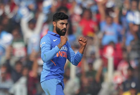 India's Ravindra Jadeja celebrates the dismissal of West Indies' Evin Lewis. (Photo | AP)