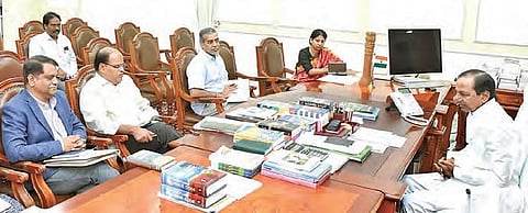 Chief Minister K Chandrasekhar Rao during a review meeting on the Palle Pragathi programme, at Pragati Bhavan in Hyderabad on Sunday