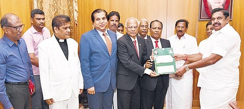 EPS handing over a cheque for `1 crore to Sam Kannappan, for setting up of a Tamil Chair in the University of Houston | express