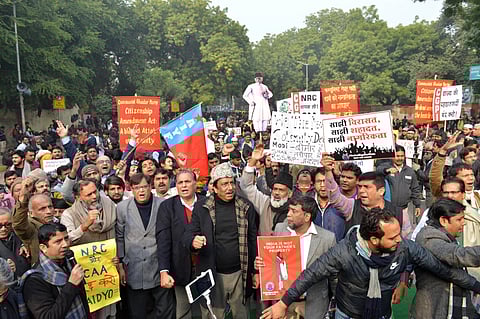 People stage a demonstration against the alleged police brutality on students during protests against CAA at Jantar Mantar (File photo| IANS)