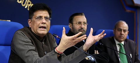 I&B Minister Prakash Javadekar and Railways Minister Piyush Goyal during a press conference on Cabinet meeting in New Delhi on Tuesday Dec. 24 2019. (Photo | Shekhar Yadav/EPS)