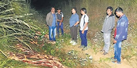 The Red Sanders Anti-Smuggling Task Force with the seized logs, at Reddyvaripalle near Piler on Tuesday | express