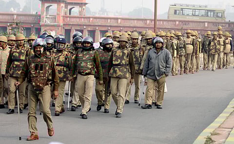 Police personnel patrolling as the security conditions tighten during a protest against the Citizenship Act (File Photo| ANI)