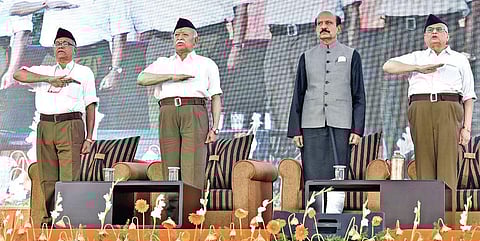 RSS chief Mohan Bhagwat on the second day of ‘Vijaya Sankalpa Sibiram’ in Hyderabad on Wednesday. (Photo | Vinay Madapu/EPS)