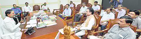 Chief Minister K Chandrasekhar Rao holds a high-level review meeting on TSRTC at Pragati Bhavan on Wednesday (Photo | EPS)