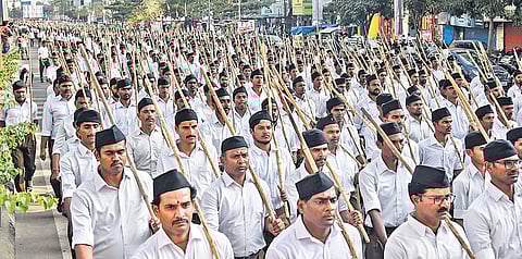 Hundreds of RSS workers march in ‘Vijaya Sankalpa Sibiram’ in Hyderabad on Wednesday. (Photo | Vinay Madapu/EPS)