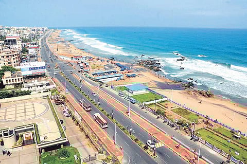 An aerial view of Rama Krishna Beach Road in Visakhapatnam. | File photo