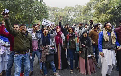 Protestors take part in a march demanding for the release of their leader Chandrasekhar Azad and protest against the amended Citizenship Act, NRC and NPR, in New Delhi, Friday, Dec. 27, 2019. (Photo | PTI)