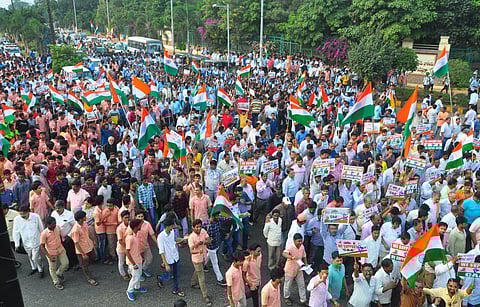 BJP workers and students taking out a rally in support of the Citzenship Amendment Act 2019. (Photo | G Satyanarayana/EPS)