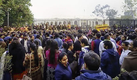 Members of Delhi University Teachers' Association DUTA protest outside VC's office demanding withdrawal of the circular mandating appointment of guest teachers in New Delhi. (File Photo | PTI)