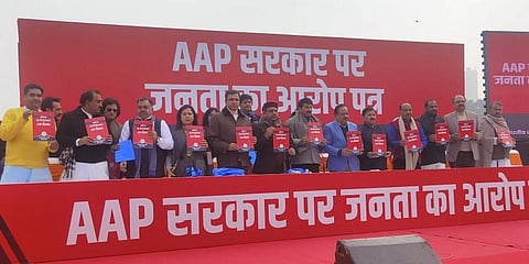 BJP's Delhi unit leaders release the 'Aarop Patra: Jhooth aur Vishwashaghat ki AAP Sarkar' (Photo| Twitter/ @BJP4Delhi)