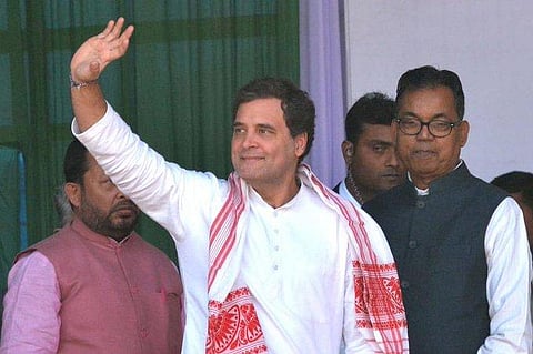 Rahul Gandhi at Assam rally. (Photo | Twitter)