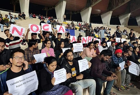 Students of HCU are registering their protest against all India NRC and CAA inside Gachibowli stadium where ISL matches are at play in Hyderabad. (File Photo | EPS/Senbagapandiyan S)