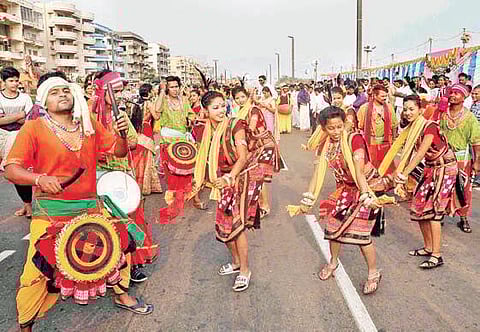 Audio-video presentation during inaugural of Visakha Utsav at RK Beach in Visakhapatnam. (Photo | EPS)