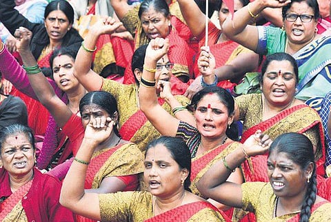 Anganawadi workers stage a protest in Bengaluru on Monday | Vinod Kumar T