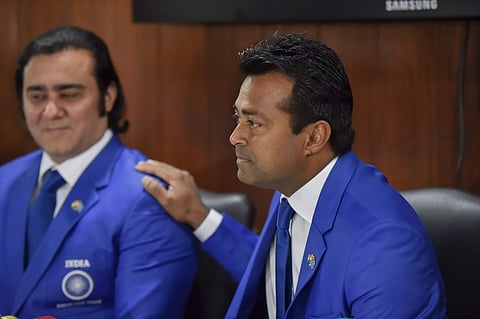 Veteran tennis player Leander Paes R and non-playing captain Rohit Rajpal addresse a press conference at DLTA in New Delhi Monday Dec. 2 2019. (Photo | PTI)