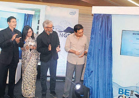 (Left to Right) Principal Secretary of IT, Jayesh Ranjan, Country head of Intel, Nivruti Rai, Senior VP of Intel, Raja M Kodur and IT Minister, KT Rama Rao at the inauguration of the Intel Design centre in Hyderabad on Monday. (Photo | Sathya Keerthi)