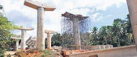 Pillars built at the construction site of NH 66 bypass second phase near Kanjiramkulam