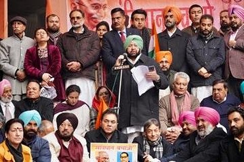 Punjab CM Amarinder Singh addresses those gathered for an anti-CAA protest in Ludhiana on Monday. (Photo | Twitter)