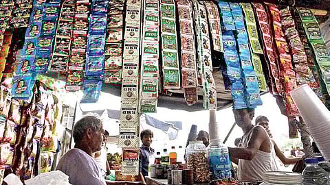FIle photo of a makeshift pan shop selling a wide variety of tobacco products