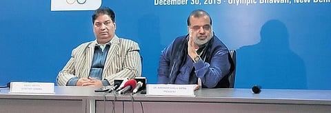 IOA secretary Rajeev Mehta (L) and president Narinder Batra at the AGM