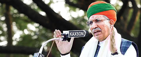 Arjun Ram Meghwal speaks at the Jana Jagratha Sammelan on Monday | Arun Angela