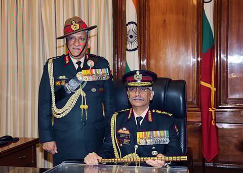 General Manoj Mukund Naravane takes charge as Chief of Army Staff in the presence of Chief of Defence Staff Gen Bipin Rawat in New Delhi. (Photo | PTI)
