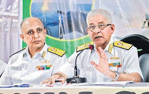 Flag officer commanding-in-chief of Eastern Naval Command speaking to mediapersons aboard INS Jalaswha in Visakhapatnam on Tuesday I G satyanarayana