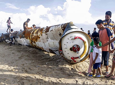 The part of a satellite launch vehicle which was caught in the nets of fishermen in Puducherry Tuesday December 3, 2019. (Photo | PTI)