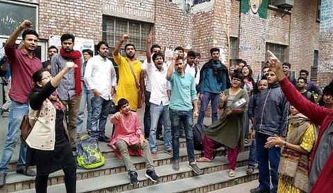JNU students shouting slogans during a protest against the regressive draft of hostel rules at JNU in New Delhi. (File |EPS)