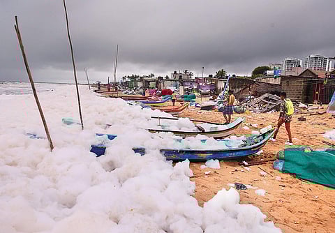 Large amount of froth was formed at the beach and threaten to enter Pattinapakkam village in Chennai on Sunday | debadatta mallick