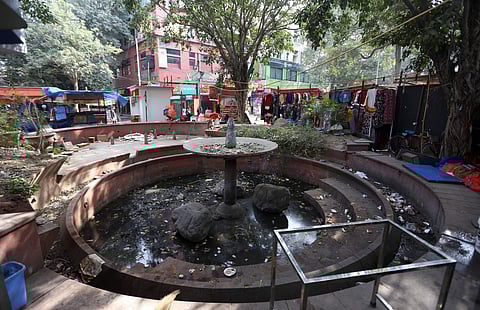 The fountain inside PVR Anupam is filled with discarded food packagin (Photo | Arun Kumar, EPS)