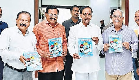 Chief Minister K Chandrasekhar Rao releases a book on Kaleshwaram at Pragathi Bhavan on Thursday