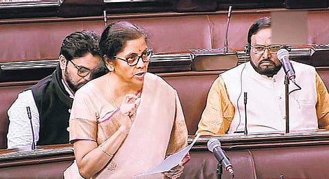 Union Finance Minister Nirmala Sitharaman speaks in the Rajya Sabha during the ongoing Winter Session of Parliament, in New Delhi on Thursday | pti
