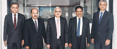 Reserve Bank of India Governor Shaktikanta Das (Centre) and his deputies arrive for the RBI’s bi-monthly monetary policy review meeting in Mumbai on Thursday | pti