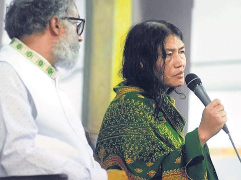 Human rights activist Irom Sharmila speaking at Sacred Heart College, Thevara, on Friday