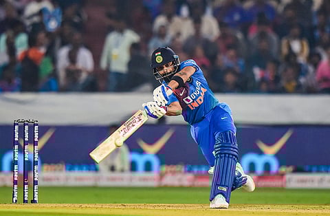 India's skipper Virat Kohli plays a shot during the first T20 cricket match against West Indies. (Photo | PTI)