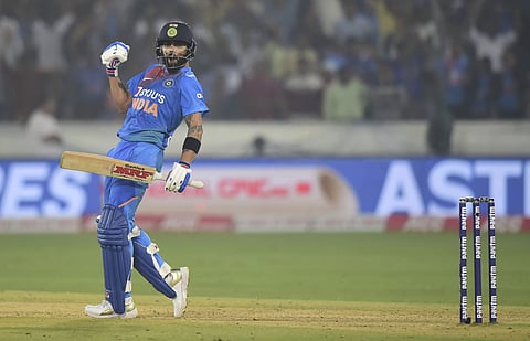 India's Virat Kohli celebrates after win the first T20 match against West Indies at Rajiv Gandhi International Stadium in Hyderabad. (Photo | PTI)