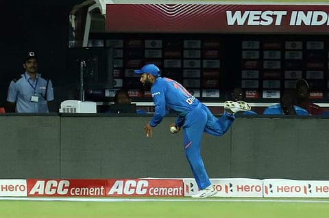 Virat Kohli catches the ball to dismiss Shimron Hetmyer. (Photo | Twitter/@BCCI)