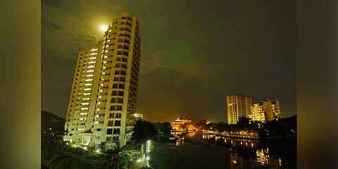 A night view of H20 and Alfa Serene which are stated for demolition. (Photo | Arun Angela, EPS)