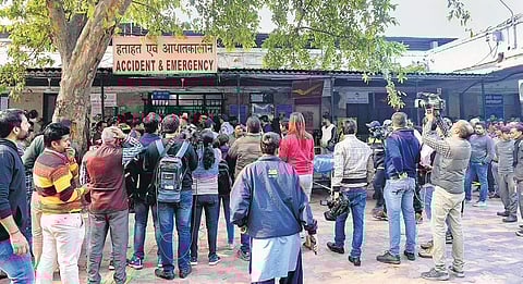 Family members of victims and media personnel gather outside the emergency ward of Lady Hardinge Hospital | Pti