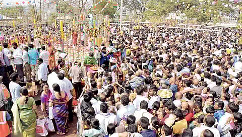A sea of devotees thronging Medaram Jatara to get a glimpse of tribal goddesses, in Bhupalpally. (File| Express photo)