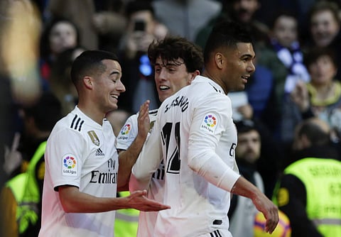 Real Madrid players celebrate a goal (Photo | AP)