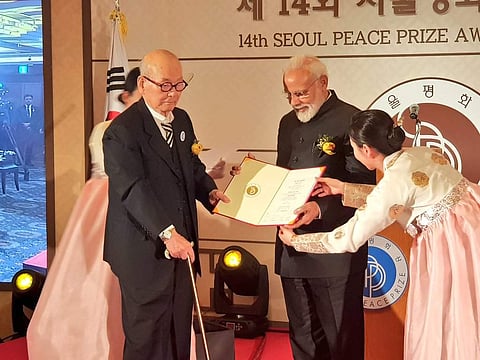While conferring the award on Modi, the award committee recognised his contribution to the growth of Indian and global economies. (Photo | Twitter @MEAIndia)